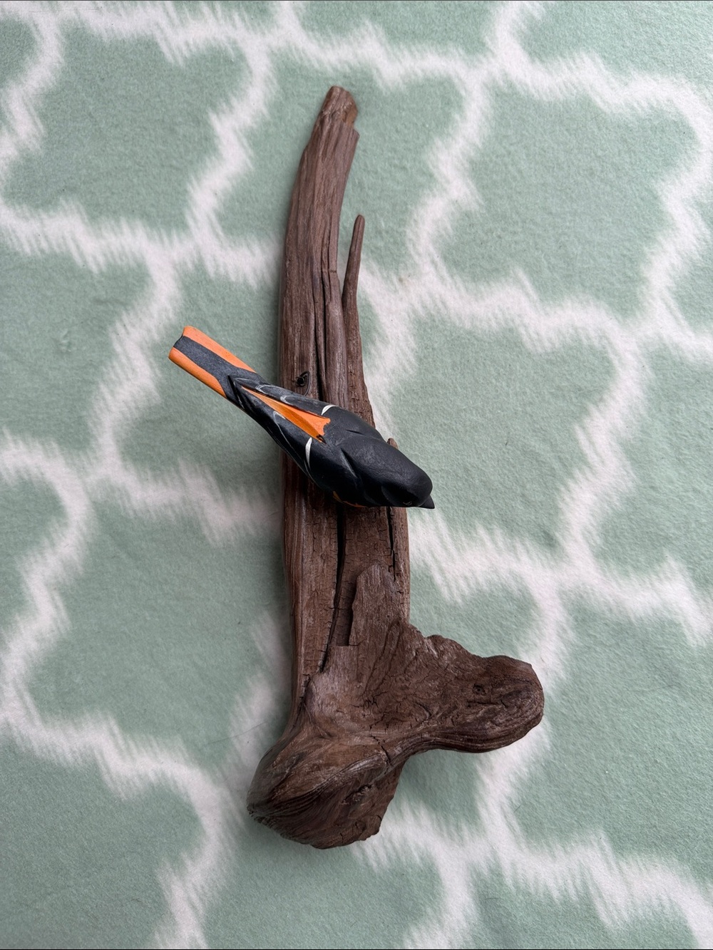 Hand-Carved Wooden Bird on Brown Driftwood - Black & Orange bird